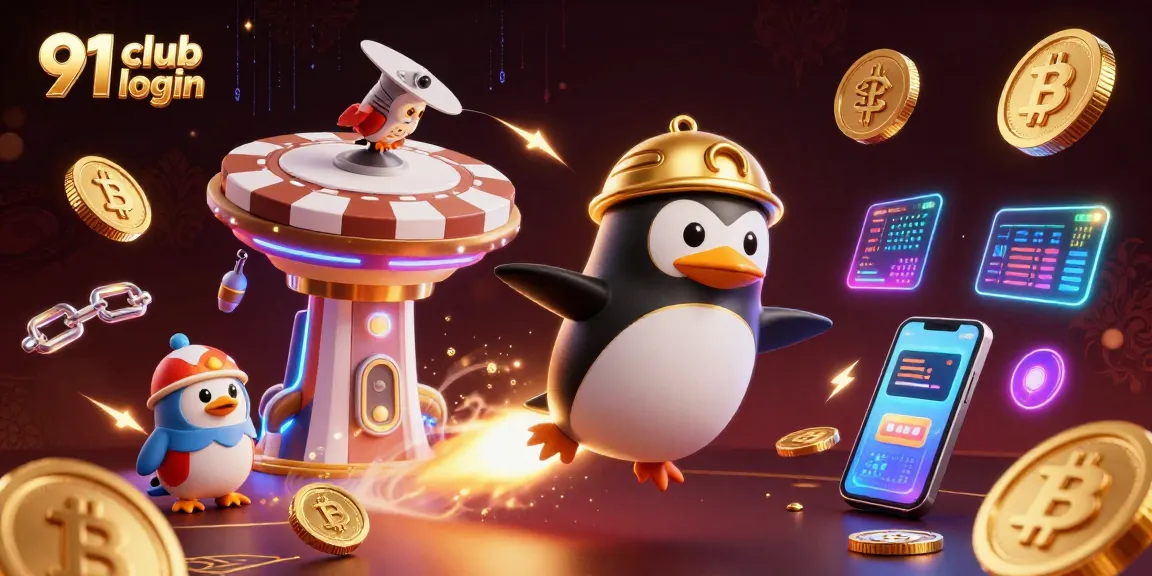 Experience the excitement of 91 club login with a golden penguin and crypto elements in a vibrant casino scene.