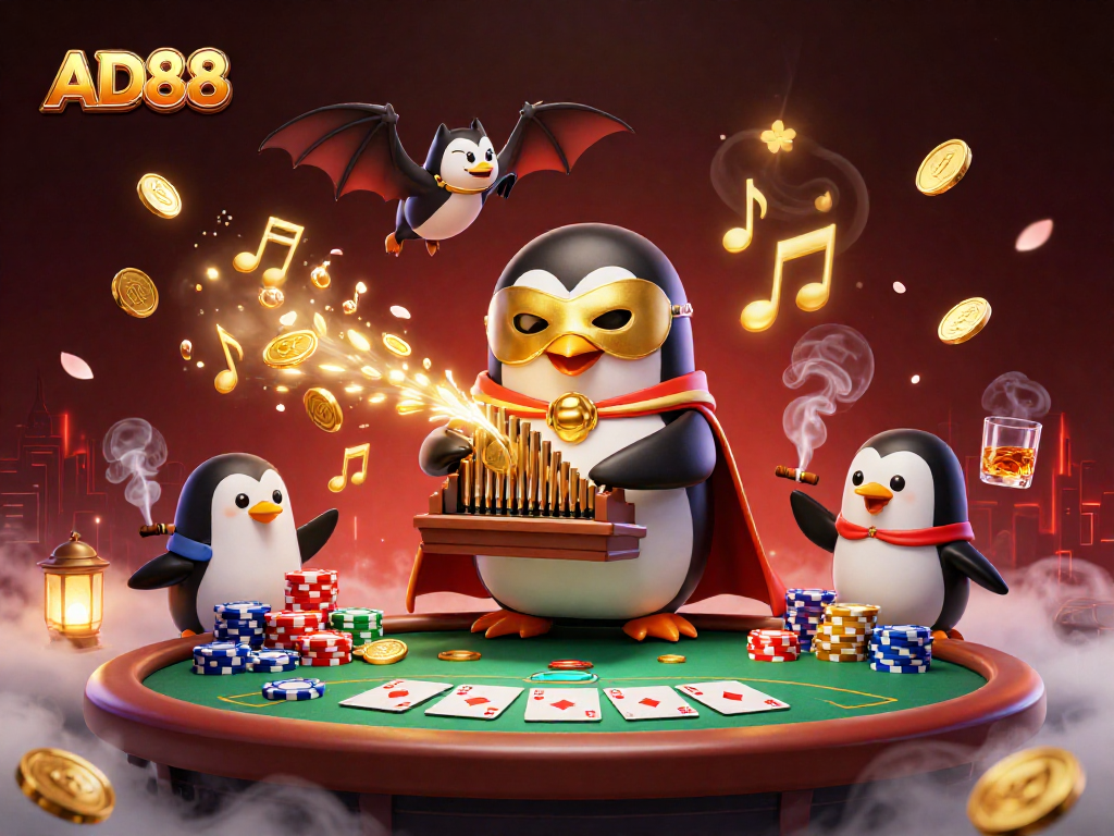 Experience AD88's vibrant casino world with a penguin organist, winning poker elements, and rich visuals.