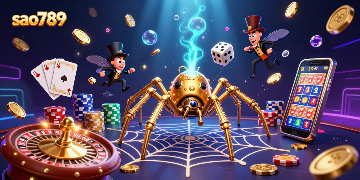 Sao789 immerses players in thrilling gameplay, showcasing a steampunk spider amidst vibrant casino elements.