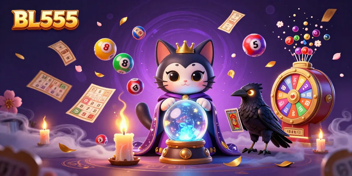 Engage with the mystical world of BL555 as colorful lottery elements surround a fortune teller cat.