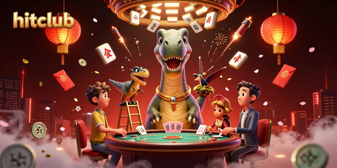 Engaging hitclub scene with a giant brontosaurus in a casino atmosphere, playful raptor dealing cards.
