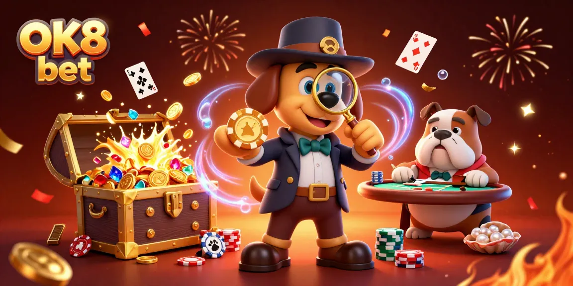 Spin to win with OK8 bet in a colorful casino scene with cheerful characters and exciting treasures.