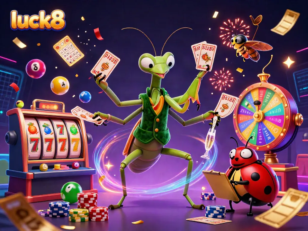 Engage with luck8's vibrant casino world, featuring a giant mantis dealer and exciting game elements.