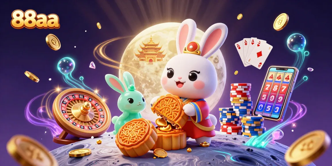 Experience the thrill of 88aa with a cartoon moon rabbit revealing poker chips in a magical casino setting.
