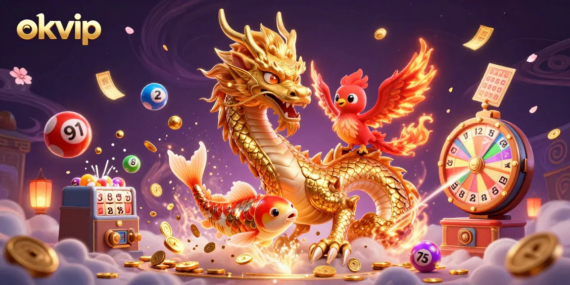 Experience thrilling wins at okvip with a dynamic scene of a golden dragon and colorful lottery elements.