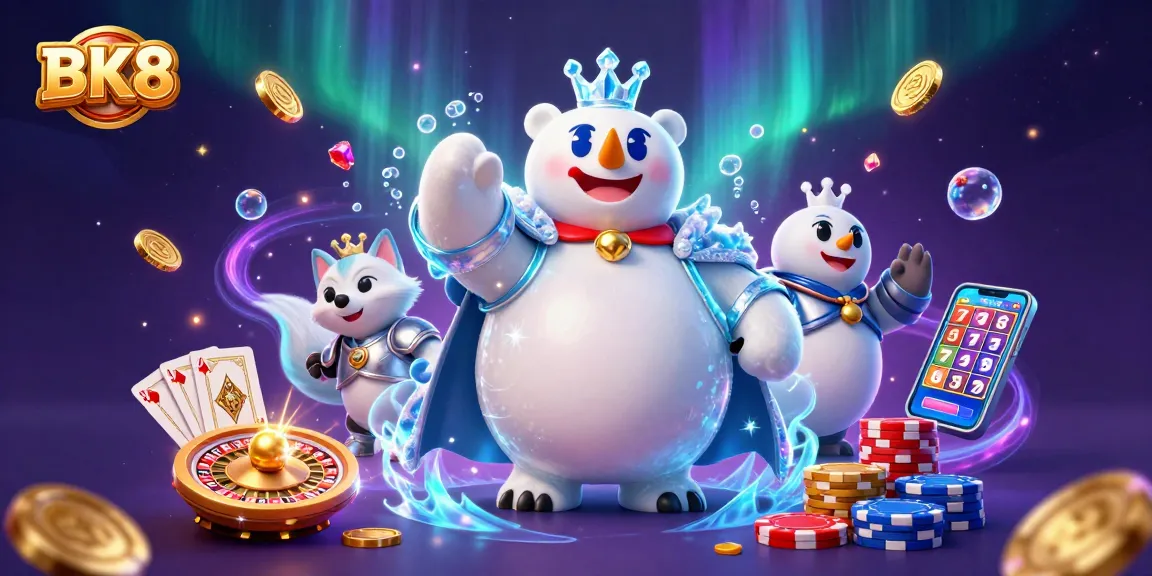 Experience thrilling moments at BK8 with a 3D cartoon ice king polar bear and snow fox in an exciting casino scene.