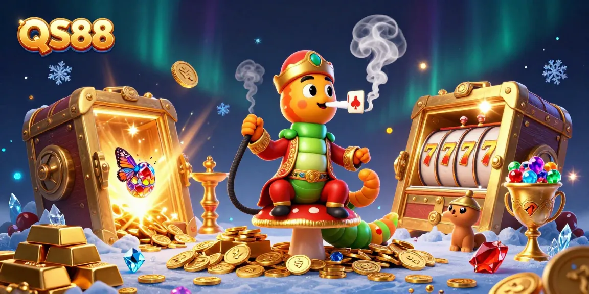 QS88 enhances gaming with a vibrant 3D casino scene featuring a caterpillar hookah-master and slot elements.