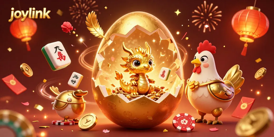 Experience joylink's casino magic as a golden dragon emerges from an egg amidst vibrant gaming elements.