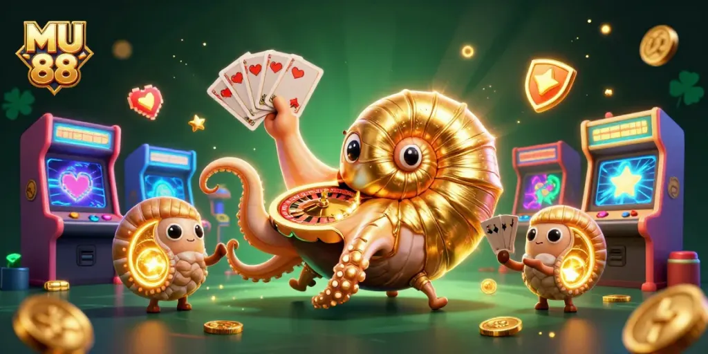 Engage in games at MU 88 with colorful machines and an ancient giant nautilus in a vibrant scene.