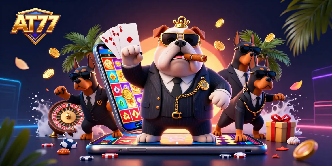 Engage with AT77's lively casino environment featuring a 3D mafia dog and games.