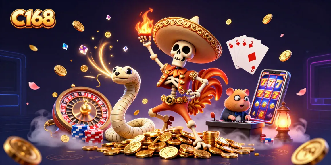 C168 offers vibrant gaming experiences with a lively skeleton mariachi rooster dancing amidst cascading coins and roulette elements.