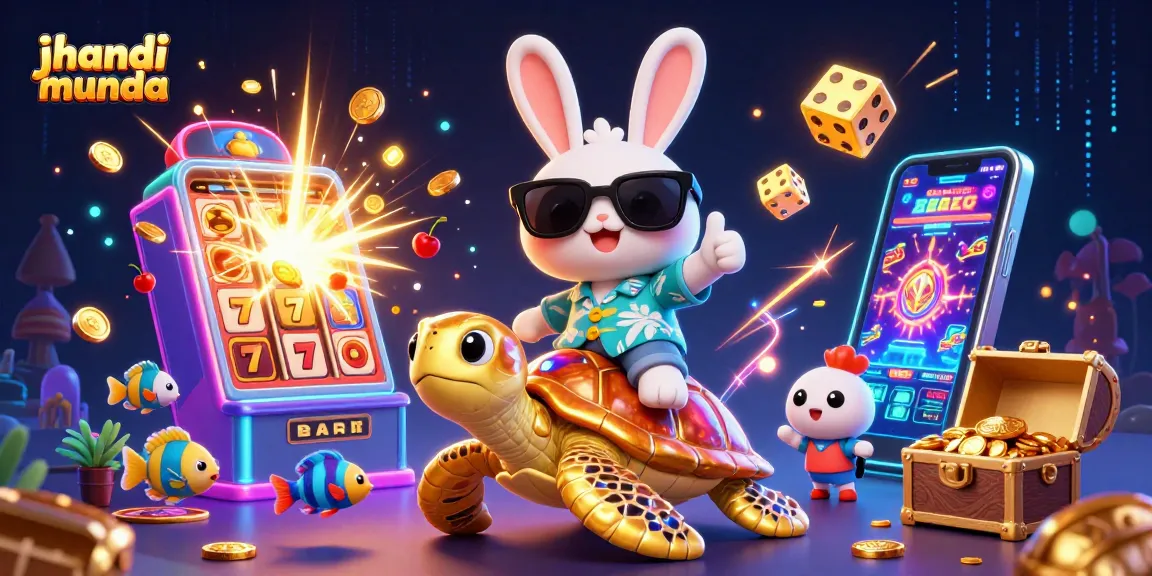 Play jhandi munda with a lucky rabbit and golden turtle amid vibrant casino elements.