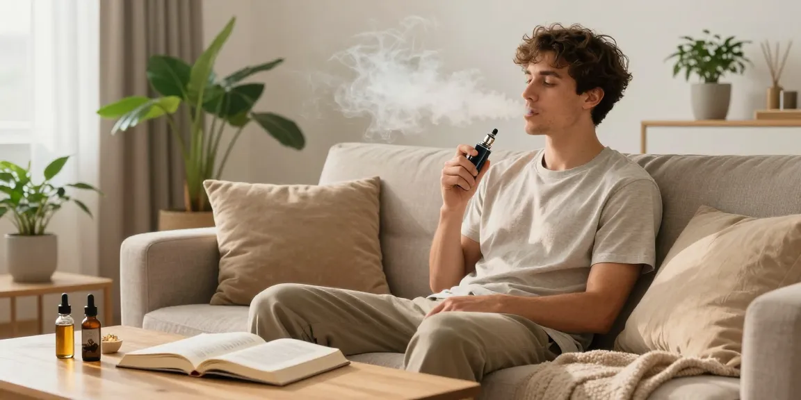 How To Vape using quality CBD products in a cozy, natural wellness setting with vapor and relaxation.