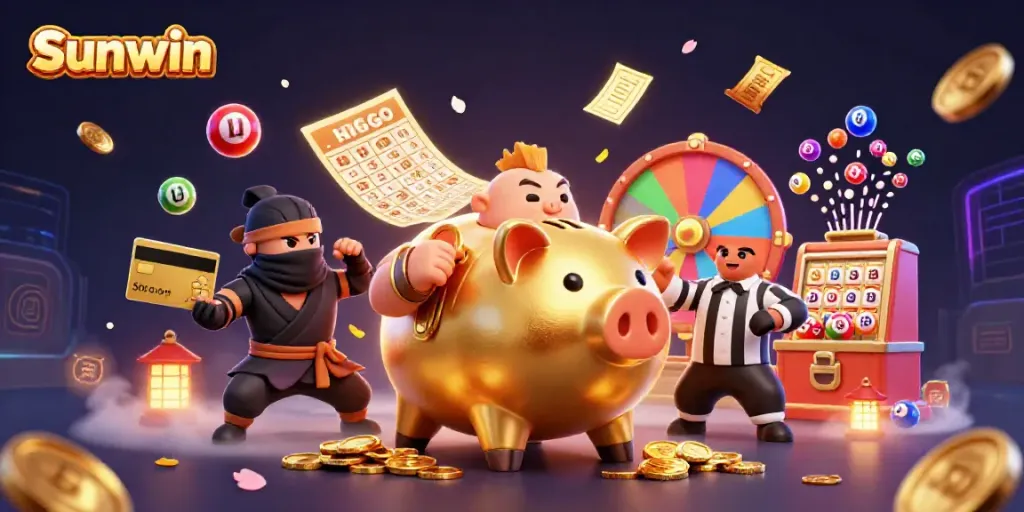 Sunwin gamifies excitement with a golden piggy bank wrestler and colorful lottery elements.