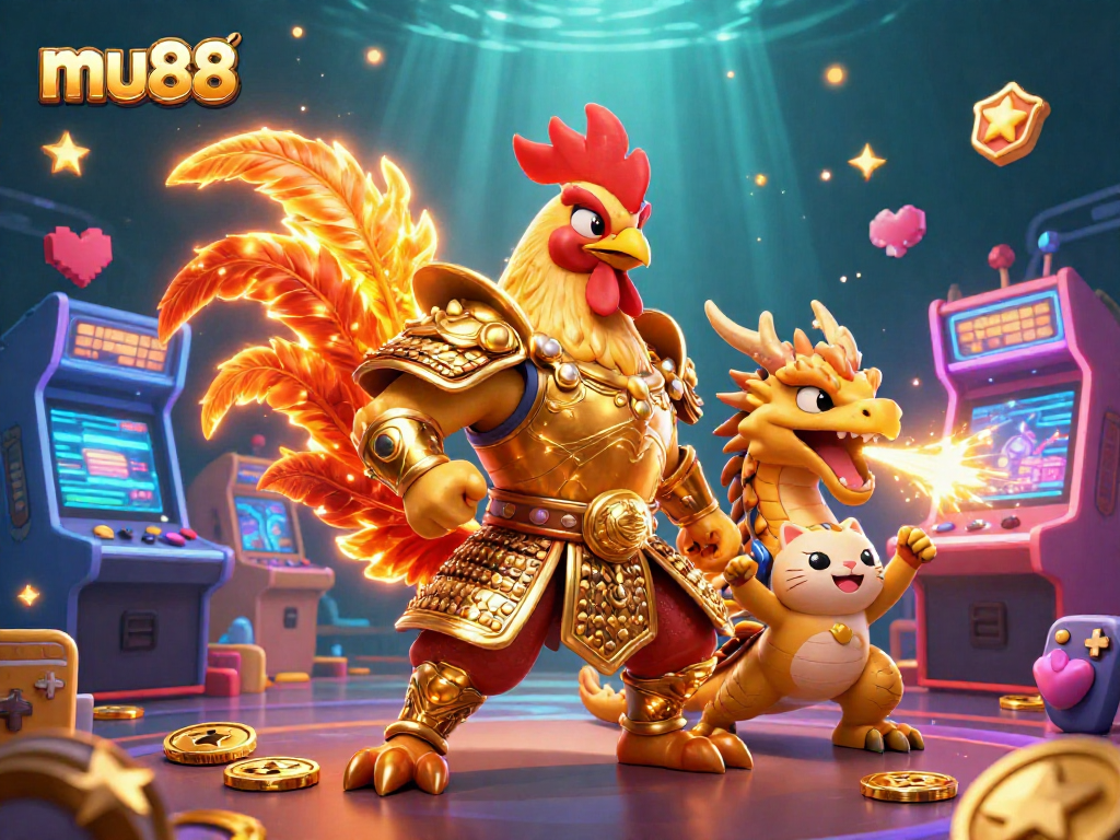 Experience MU88's thrilling gaming world with dynamic rooster warriors and arcade action.