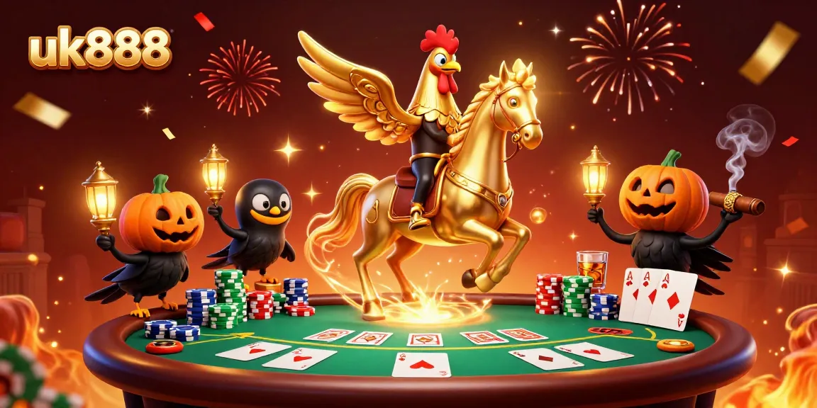 uk888 showcasing a dynamic casino scene with unique characters and vibrant gaming elements