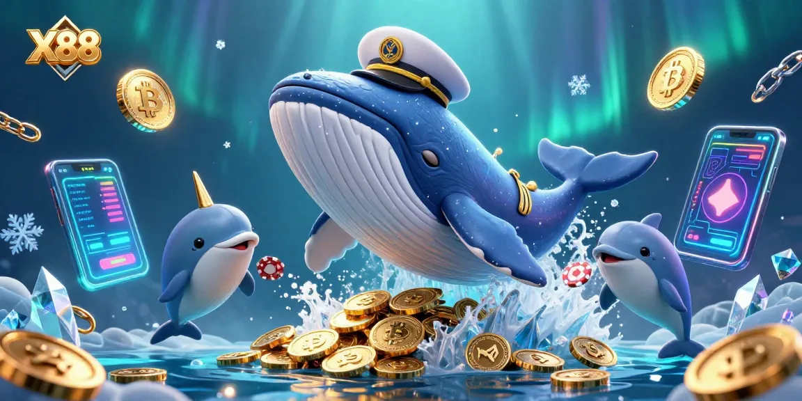 X88 whales breach through gold coins and play poker while surrounded by cryptocurrency elements