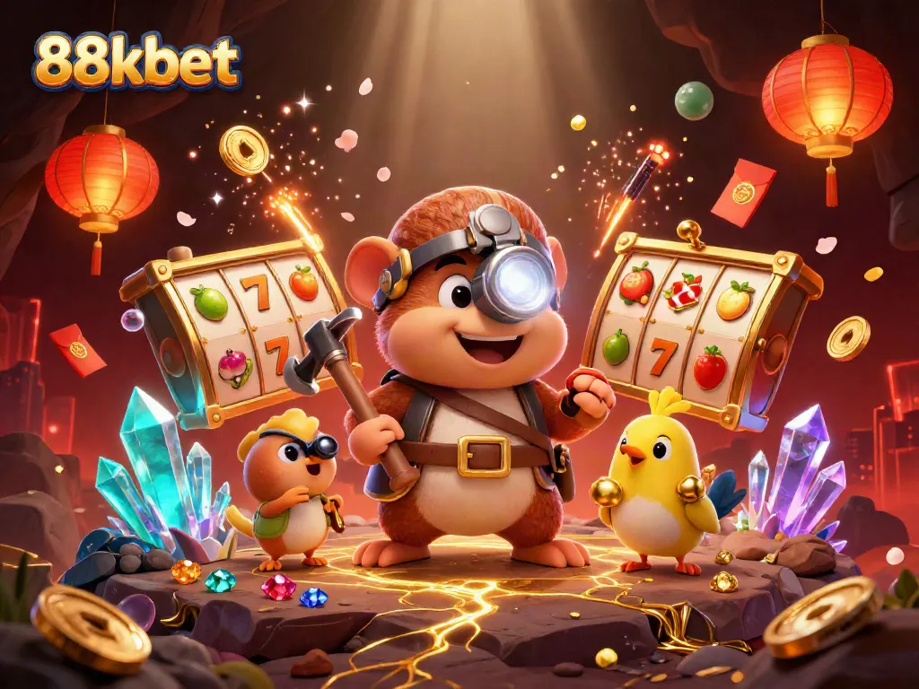 Experience thrilling wins with 88kbet's cartoon treasure hunter and dazzling slot symbols.