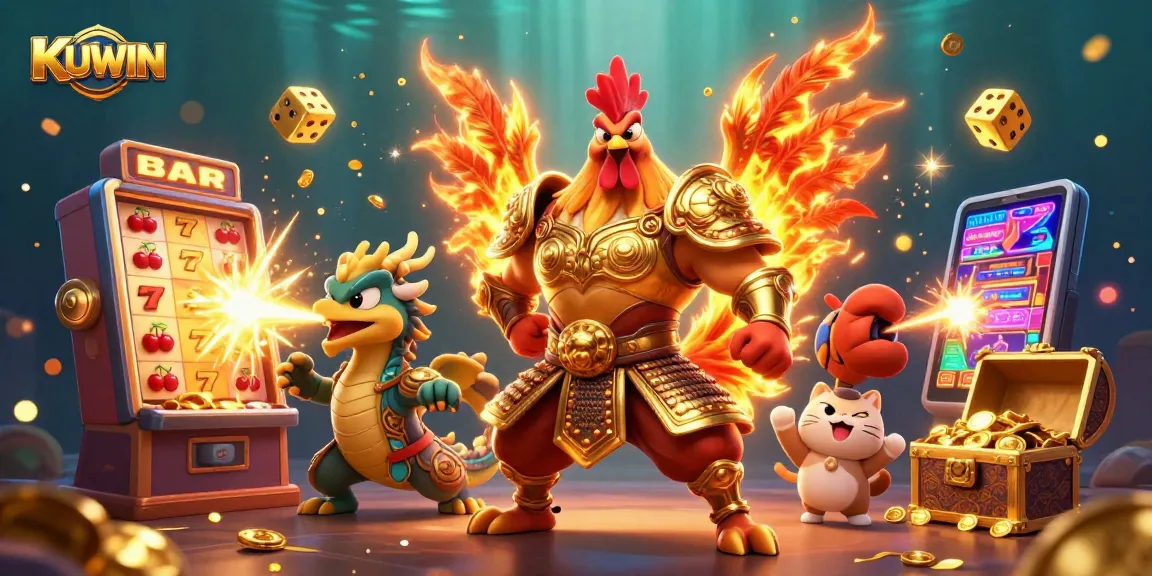 Experience thrilling KUWIN gaming with a dynamic 3D illustration featuring exciting casino elements.