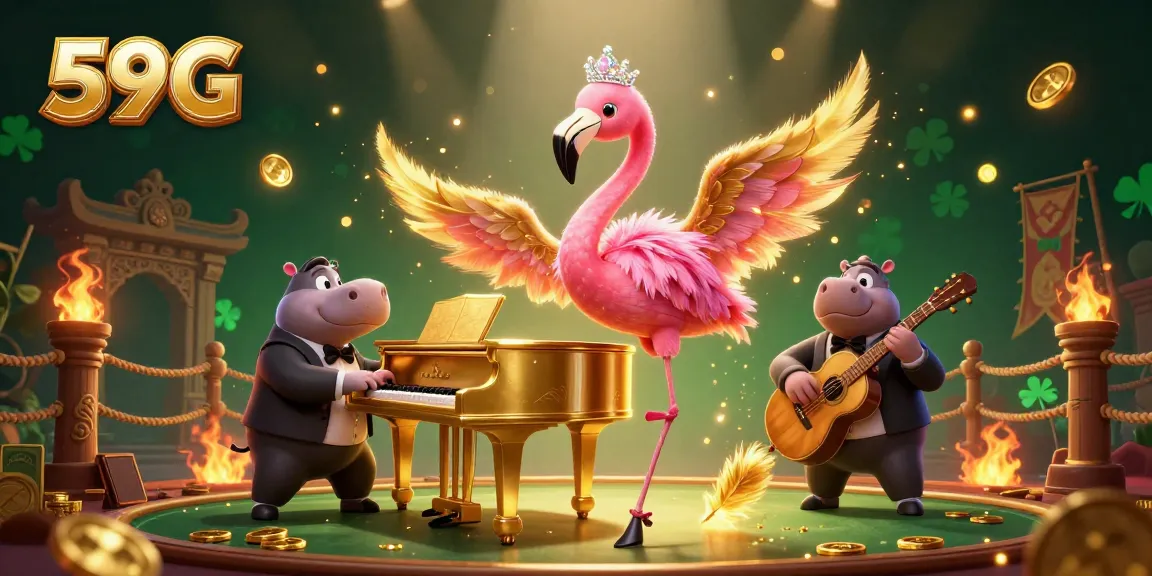 Engage with 59G's vibrant casino scene featuring a flamingo singer and hippo bassist in a rich, dynamic atmosphere.