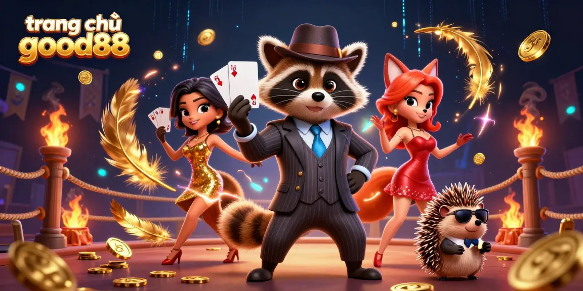 Action-packed scene featuring suave raccoon and fox celebrating wins at trang chủ good88 casino.