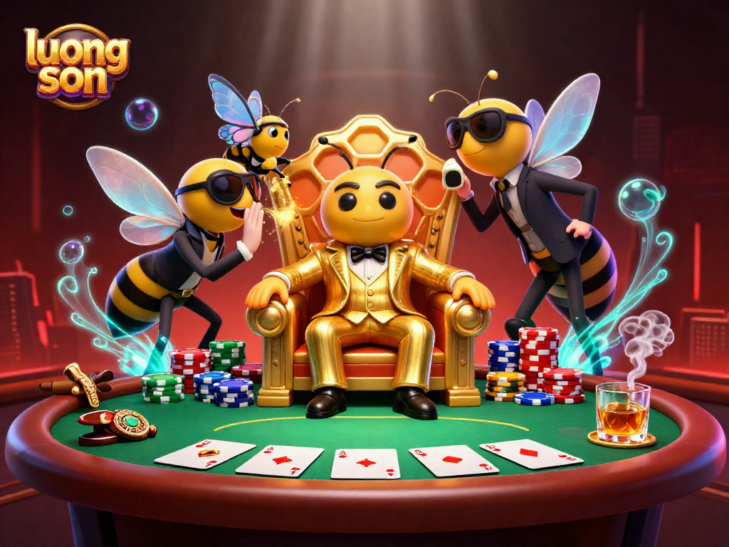 Experience the thrilling action of luong son with a luxurious 3D illustration featuring vibrant characters and poker elements.