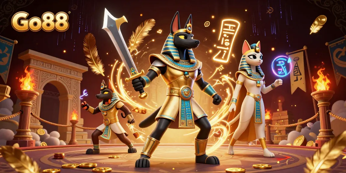 Engage with Go88's dazzling gaming world featuring ancient Egyptian characters and vibrant casino elements.