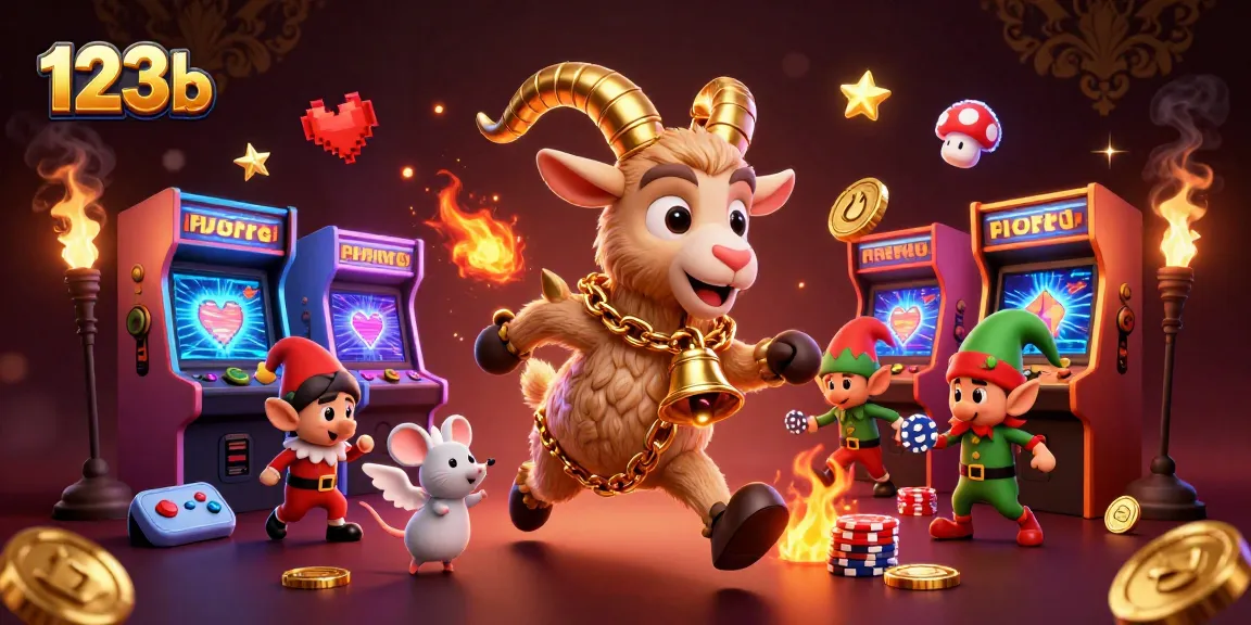 Play thrilling games at 123b's vibrant casino, featuring whimsical characters in an exciting scene.
