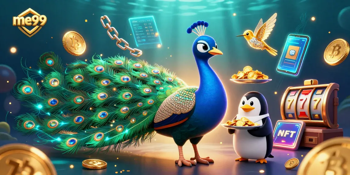 Engage with me99's vibrant casino experience featuring peacock and butler, surrounded by glowing crypto coins.