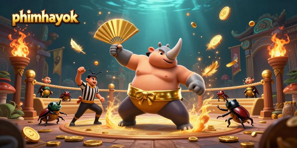 Experience thrilling action with phimhayok as a beetle champion stomps golden coins in a dynamic gambling arena.