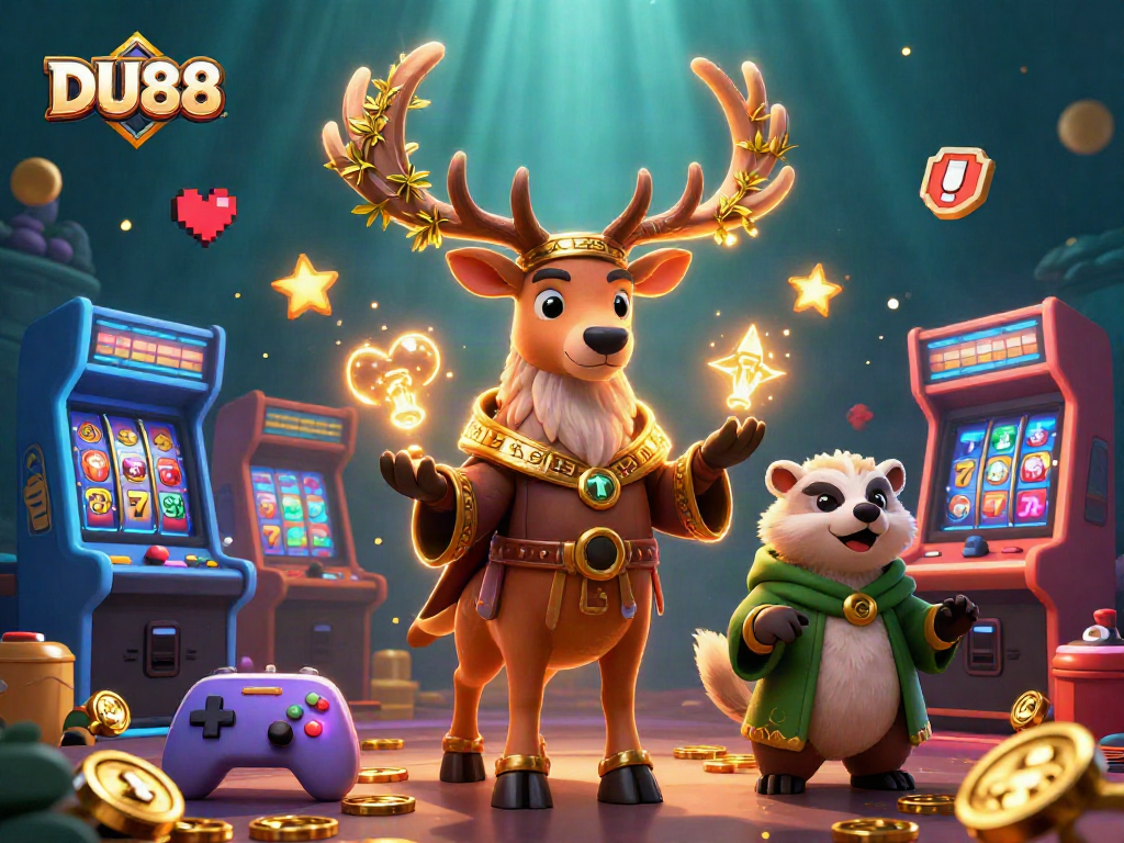 Engage with DU88's vibrant casino world featuring mystical characters amid slot games and winning symbols.