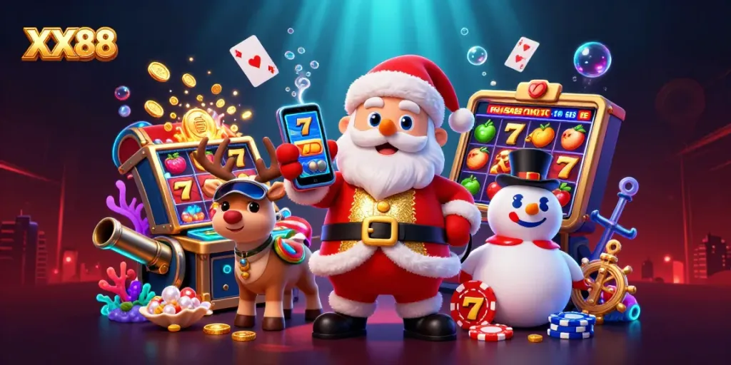 Join the excitement at XX88 casino featuring Santa, his reindeer dealer, and a poker chip snowman!