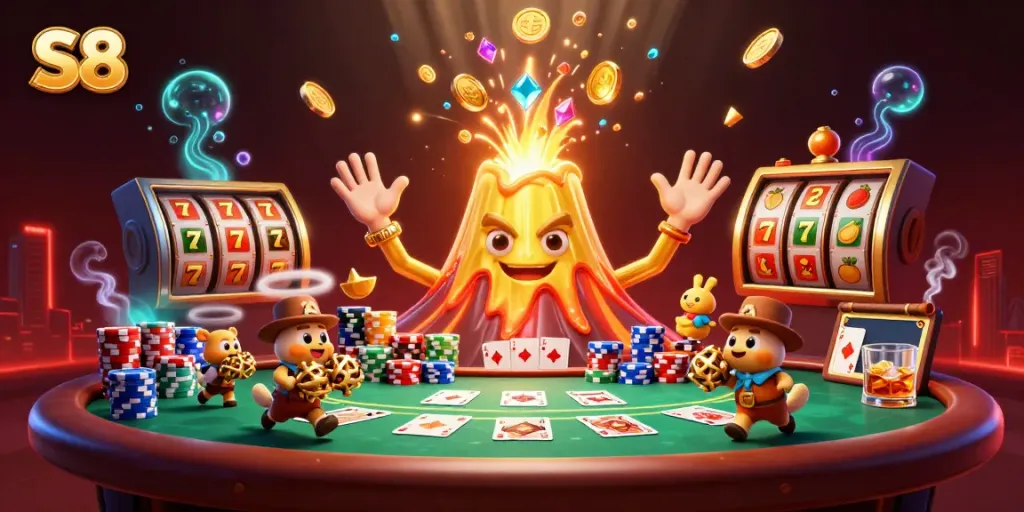 Experience the excitement of S8 as a golden volcano erupts coins amidst a poker scene filled with treasures.
