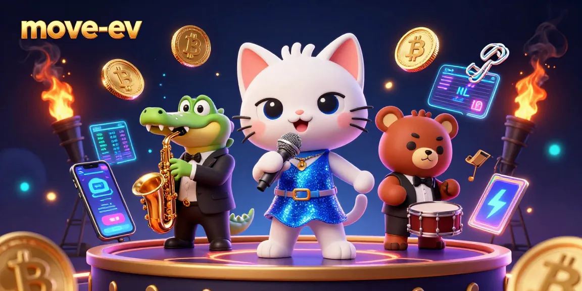 Join the exciting world of move-ev with this vibrant 3D casino illustration featuring cartoon characters and crypto elements.