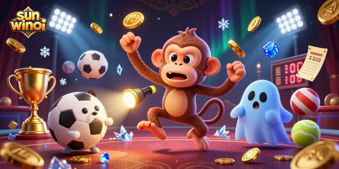 Experience the thrill of sun win moi with a playful poltergeist monkey and a curious puppy in a haunted casino.