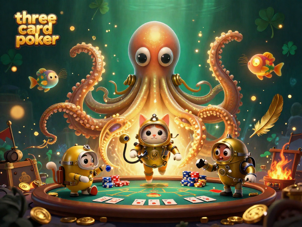 Engage in three card poker action with a vibrant 3D kraken and diving cat amidst dramatic casino elements.