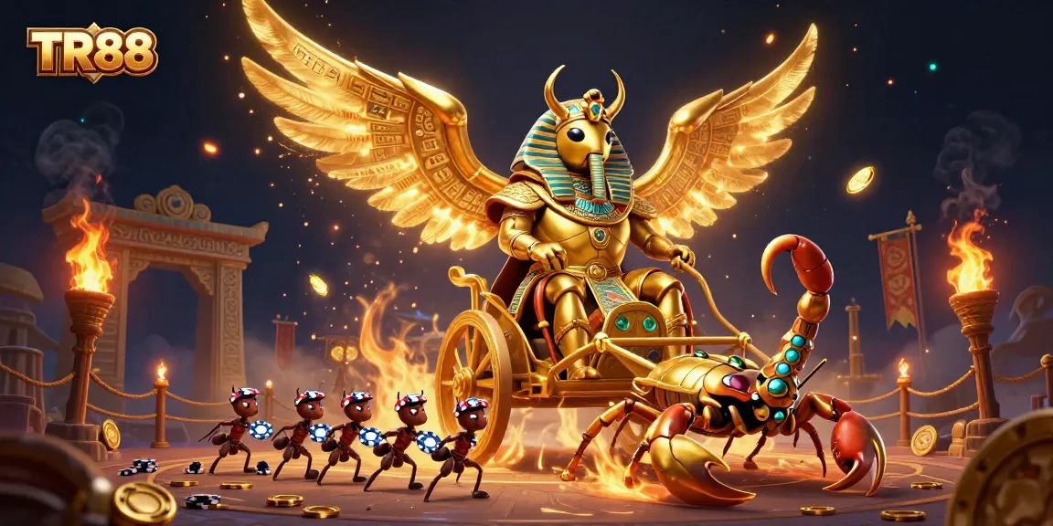 Engage in TR88’s thrilling gaming experience with a majestic golden scarab beetle and scorpion chariot.