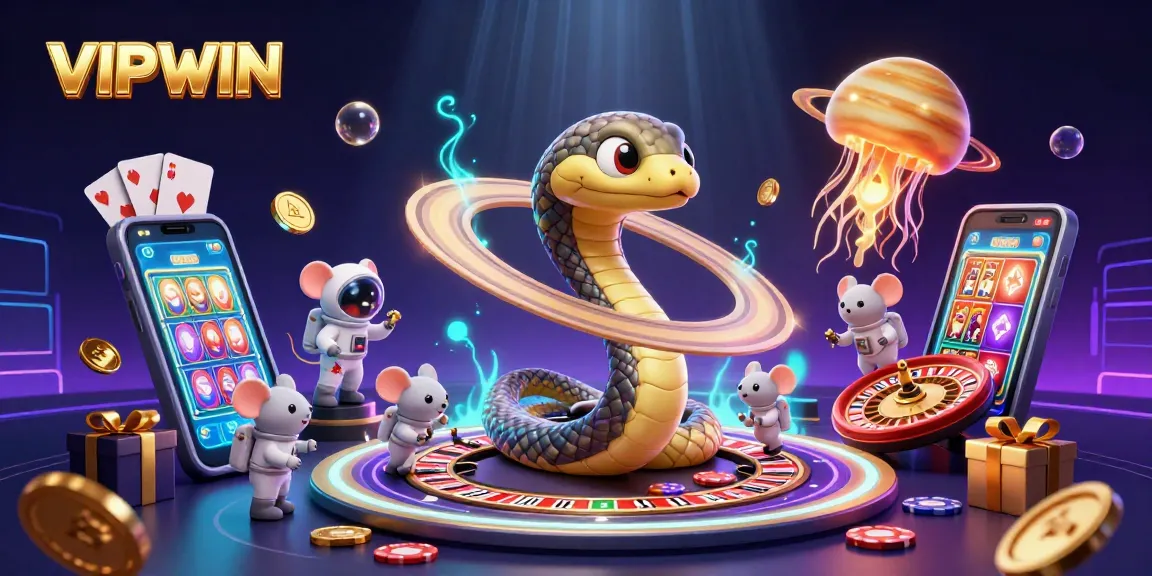 VIPWIN features a whimsical 3D casino scene with a Saturn ring snake, astronaut mice betting, and a golden jellyfish dealer.