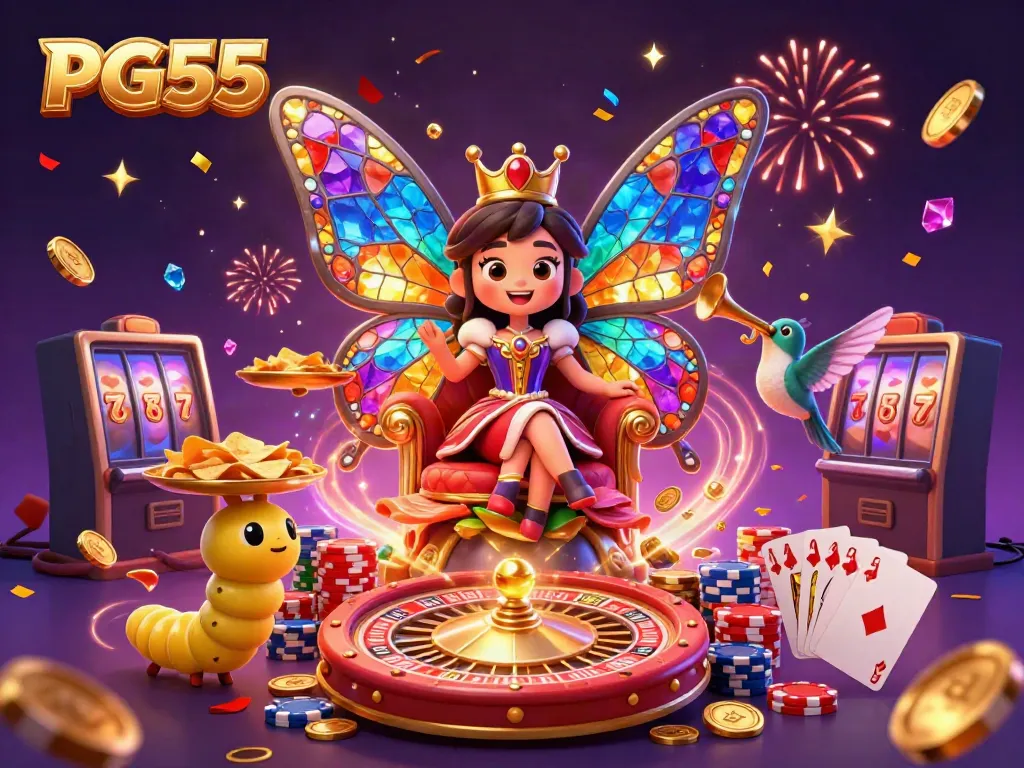 Experience thrilling wins at PG55 with a vibrant illustration of casino excitement featuring a butterfly queen, chips, and winning symbols.