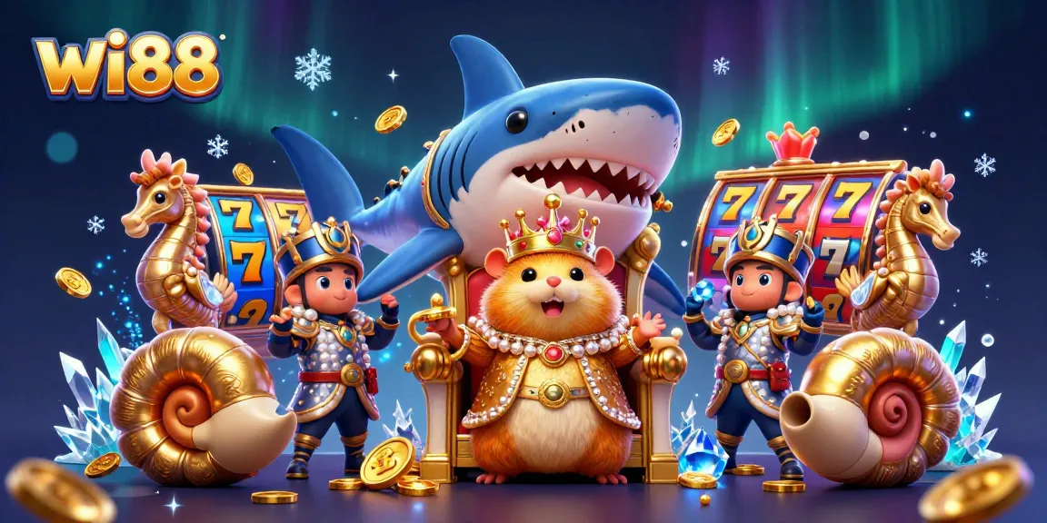 Experience excitement at wi88 with a fierce hamster king reigning over a vibrant casino scene filled with jackpot reels and shimmering coins.
