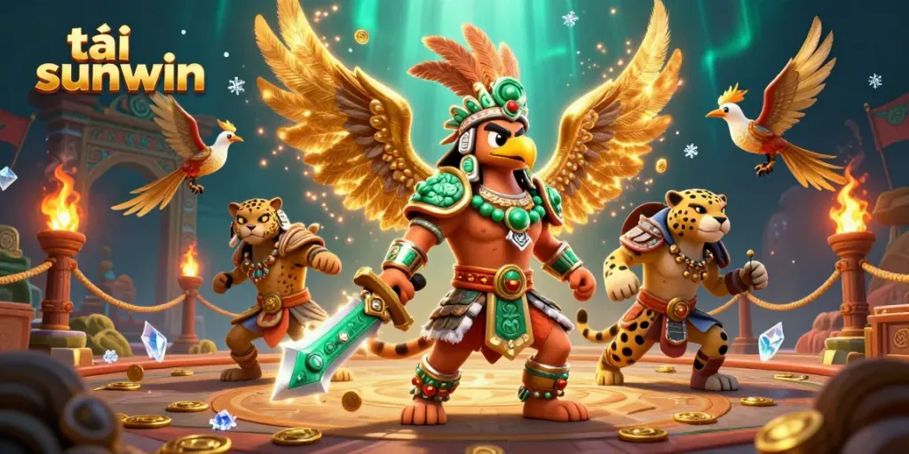 Experience exhilarating gameplay with tải sunwin, featuring dynamic 3D warriors in an ornate casino environment.
