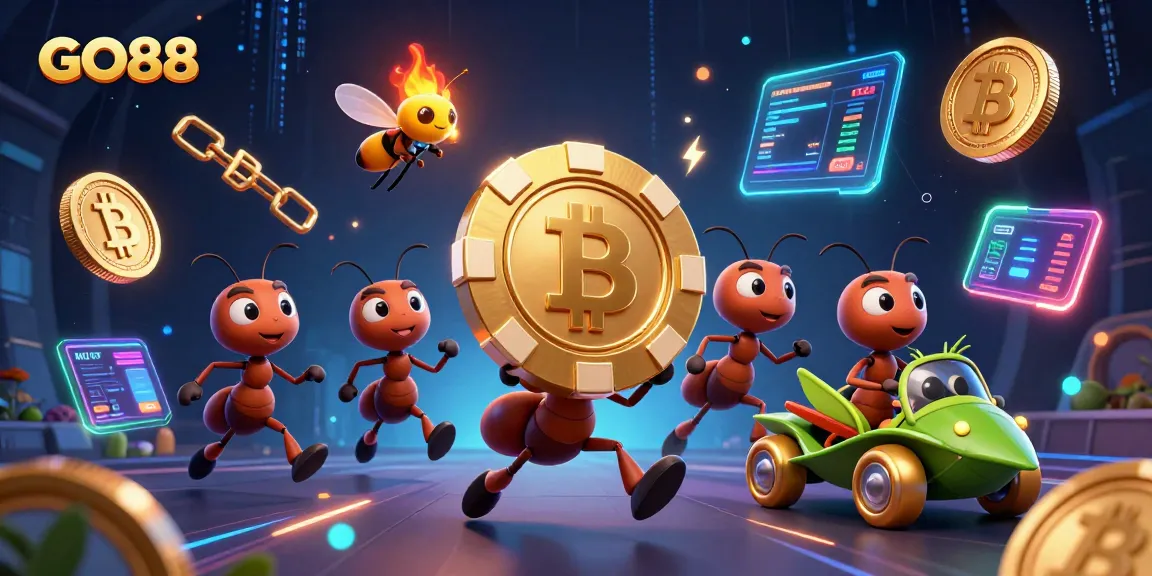 GO88 showcases a vibrant casino heist scene with animated ants carrying a giant poker chip, enhancing the gaming adventure.