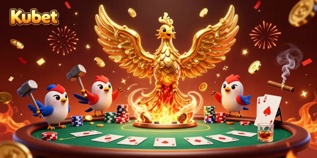 Experience thrilling action at Kubet with a molten phoenix, poker elements, and vibrant casino atmosphere.