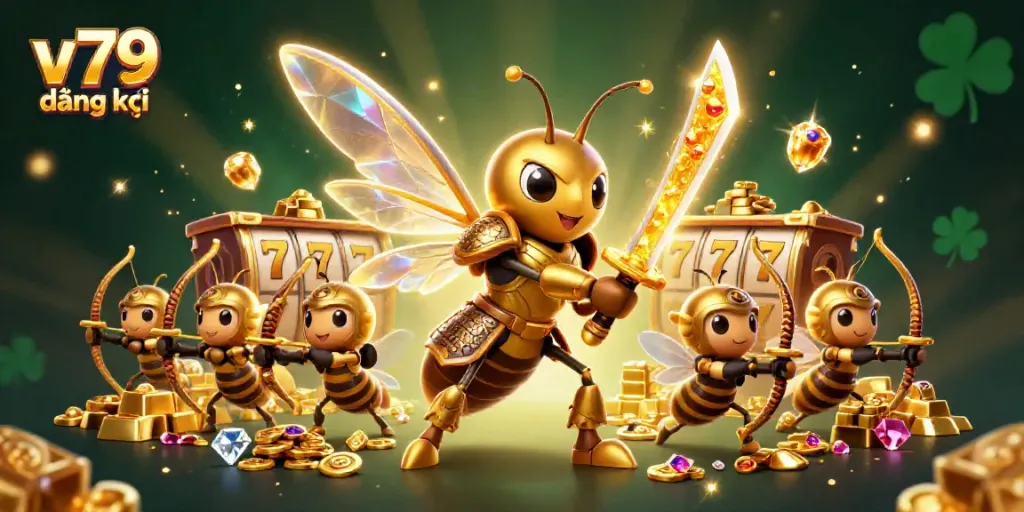Engage with the vibrant v79 đăng ký scene featuring dynamic casino elements and a golden hornet warrior.