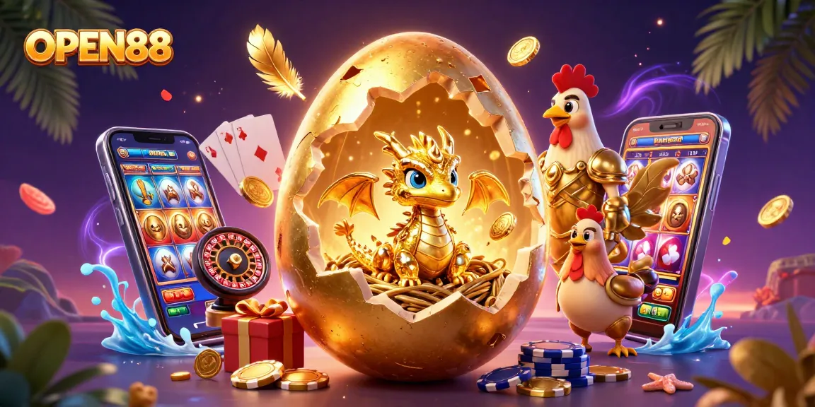 Experience the thrill of OPEN88 casino games with a golden dragon amidst vibrant gaming elements.