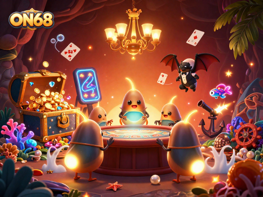 Experience the vibrant world of ON68's casino through glowworms illuminating a playful cave setting with treasure.