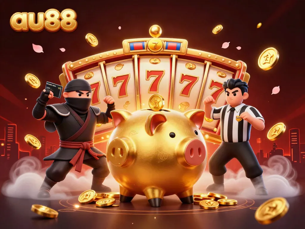 Experience thrilling wins at au88 with an energetic 3D casino scene featuring a sumo wrestler, ninja, and samurai.