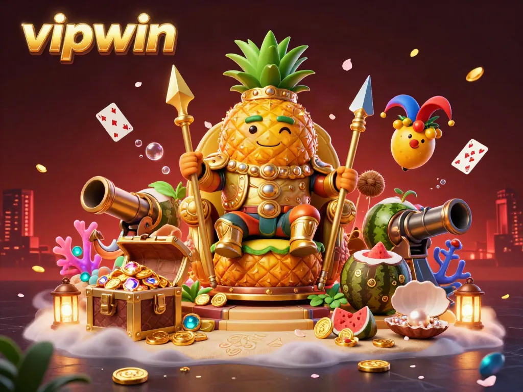 Engage in the exciting world of vipwin with a golden pineapple king, coconut guards, and vibrant casino elements.