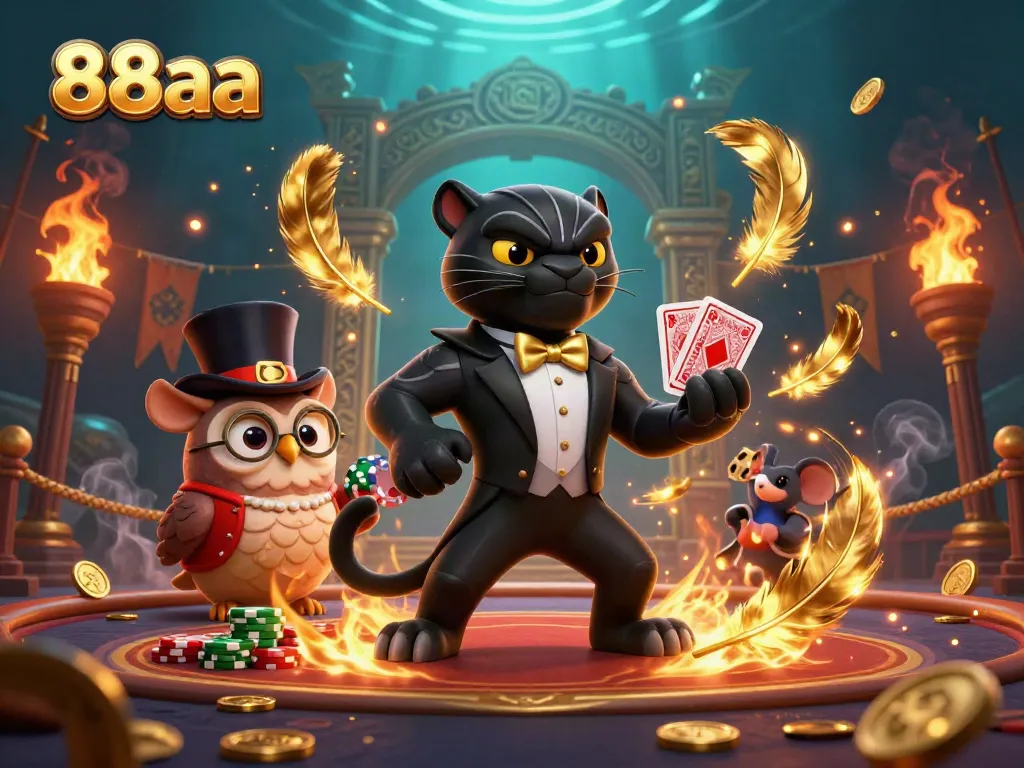 Experience the exciting gameplay of 88aa with a panther dealer and whimsical characters in a vibrant casino setting.