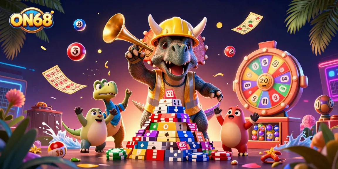 Cheerful ON68 characters celebrate casino winnings with vibrant gambling elements in a dynamic 3D scene.